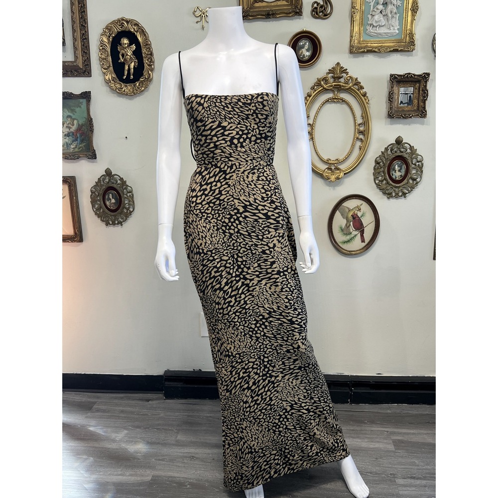 Fame & Partners Black Tan Leopard Print Open Back Maxi Slip Dress Size 8